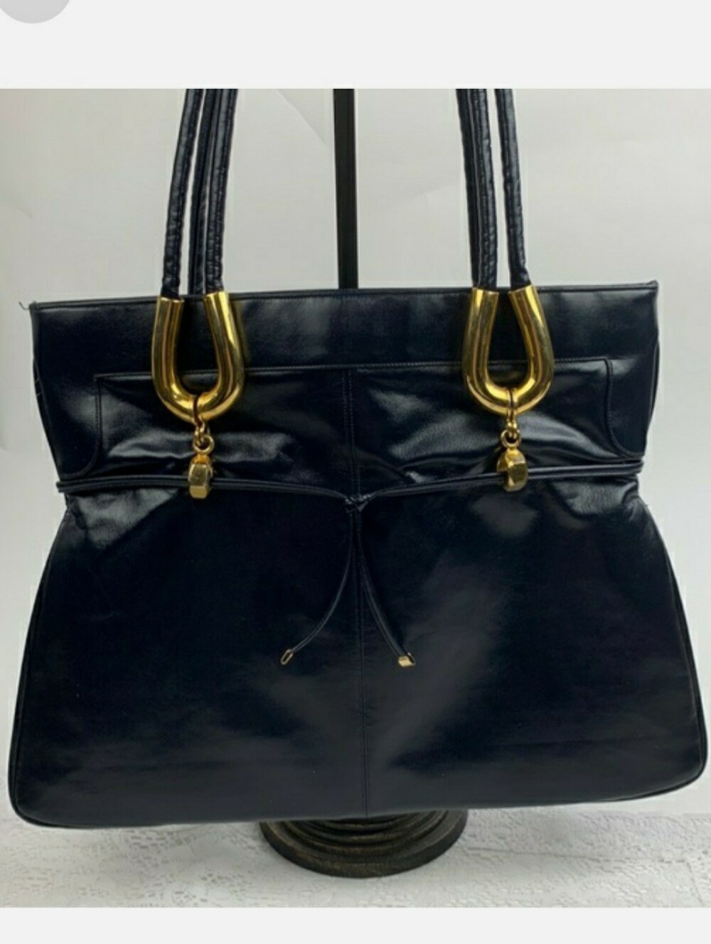 Vintage Lou Taylor Black Handbag Shoulder Tote Red Lined Gold Hardware & Mirror